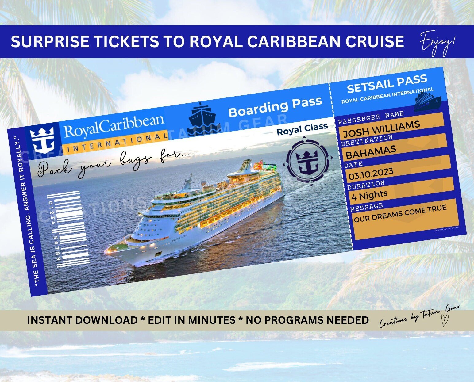 Royal Caribbean Cruise Printable Tickets Boarding Pass - Surprise Trip Ticket in munites