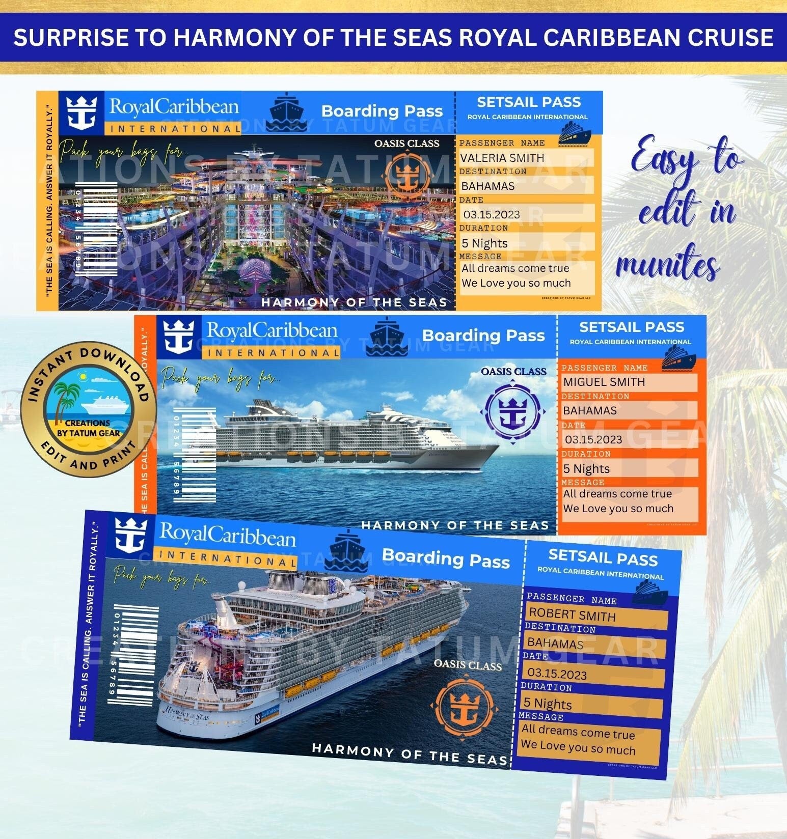 3 Royal Caribbean Cruise Printable Ticket  "HARMONY of the SEAS" Surprise in Minutes