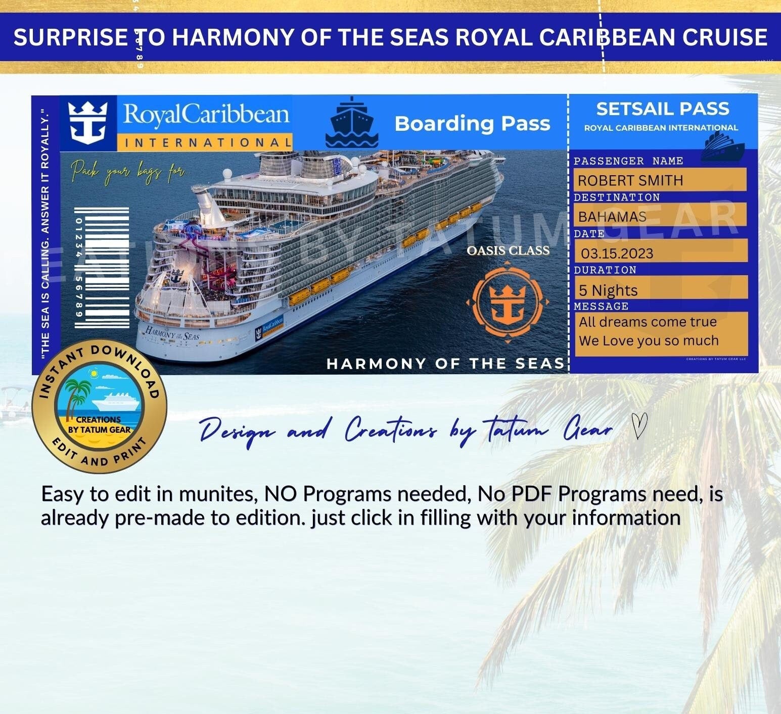 3 Royal Caribbean Cruise Printable Ticket  "HARMONY of the SEAS" Surprise in Minutes